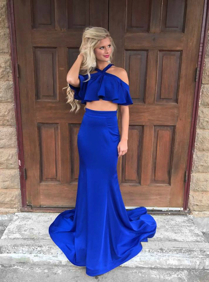 Satin Royal Blue Two Piece Mermaid Halter Prom Dress