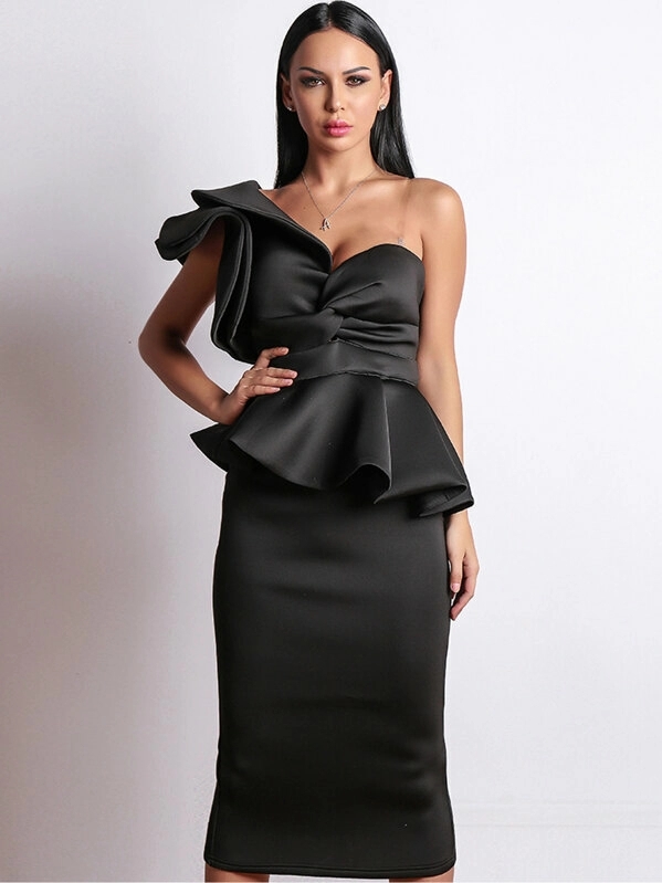 Black Off Shoulder Peplum Pencil Dress, Cute Work Dress, Black Cocktail  Dress