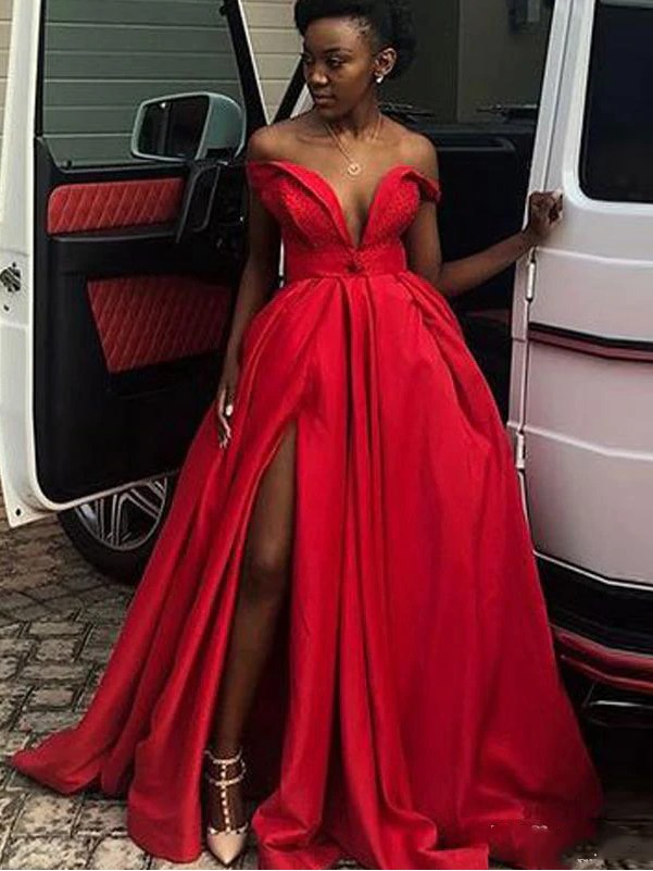 red off the shoulder satin dress