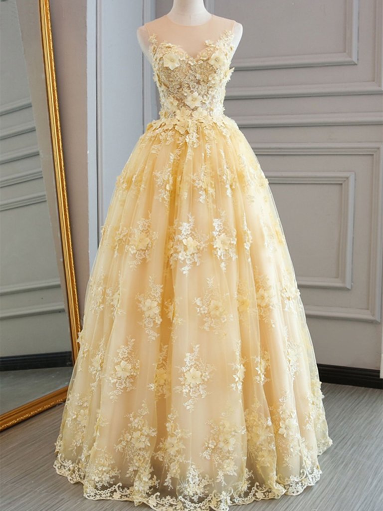 Shop 2020 Daffodil Floor Length Round Neck Appliques Yellow Lace