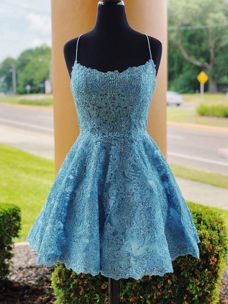 blue lace homecoming dress