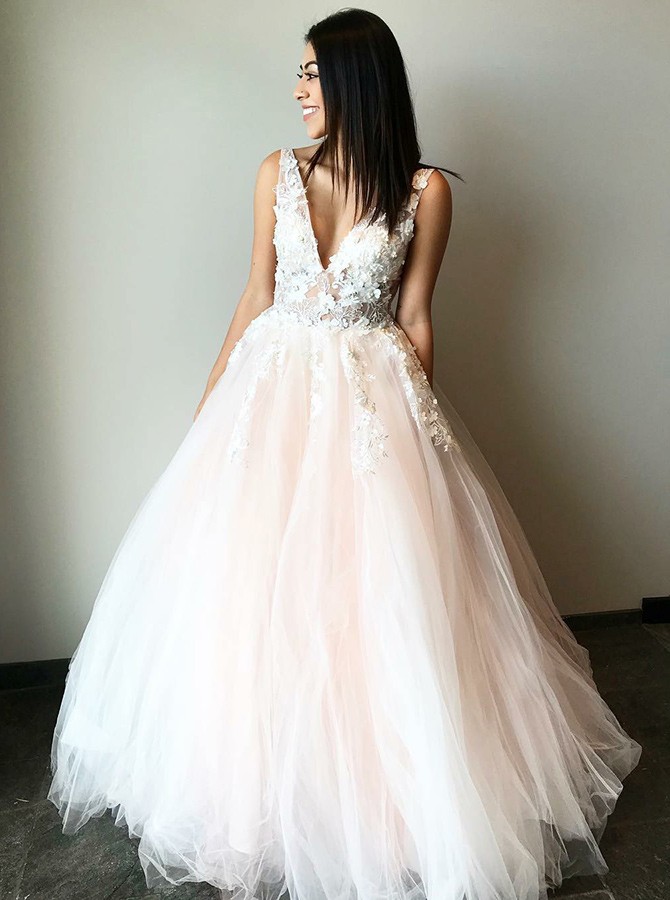 A line v neck tulle prom dress best sale