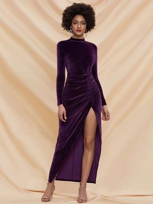 Asymmetrical Neck Ruched Split Thigh Velvet Dress Formal Dresses for Women  Party (Color : Purple, Size : M.)