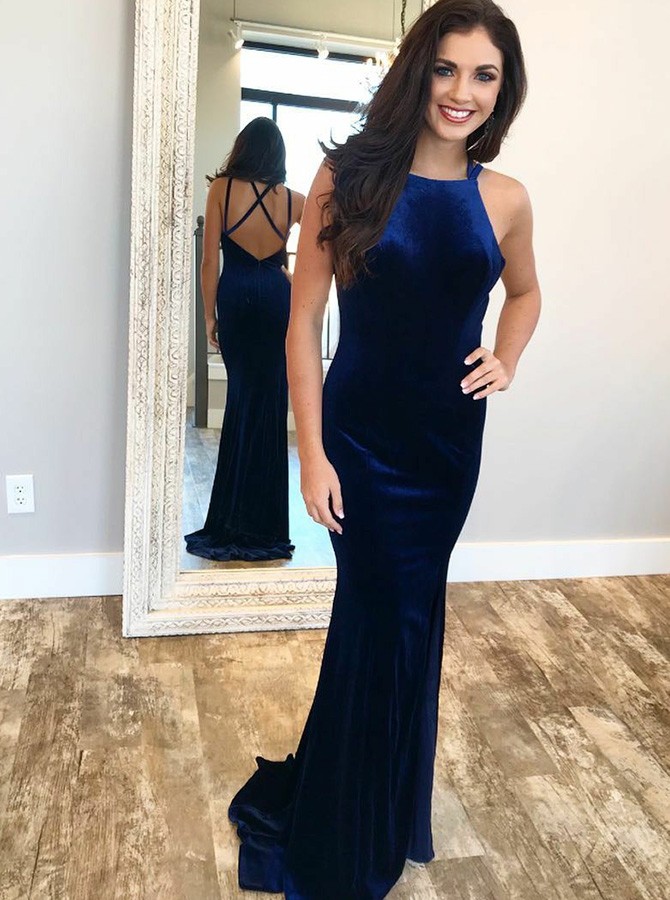 Navy blue hotsell velvet prom dress