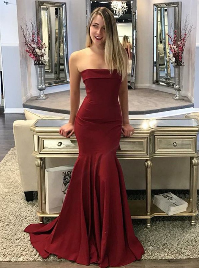 maroon strapless prom dress