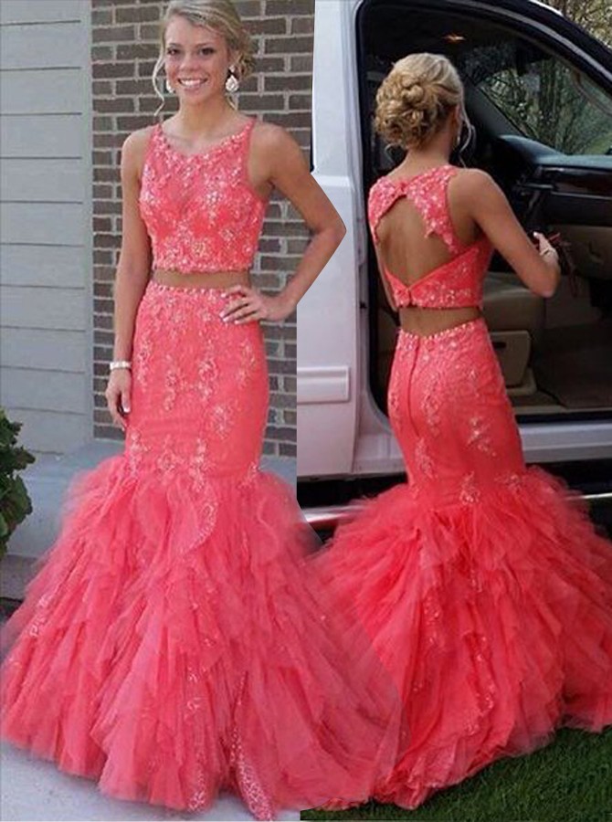 Coral two 2025 piece prom dress