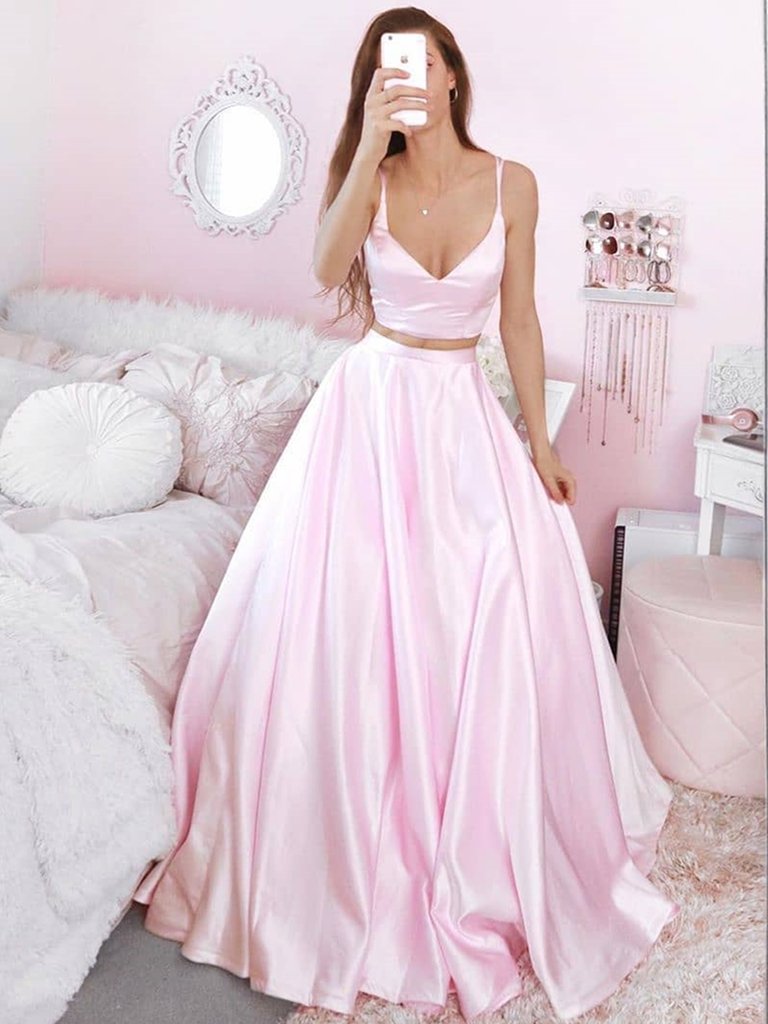 Stylish A Line V Neck Two Pieces Pink Prom Dress, Simple V Neck 2 Piec –  abcprom