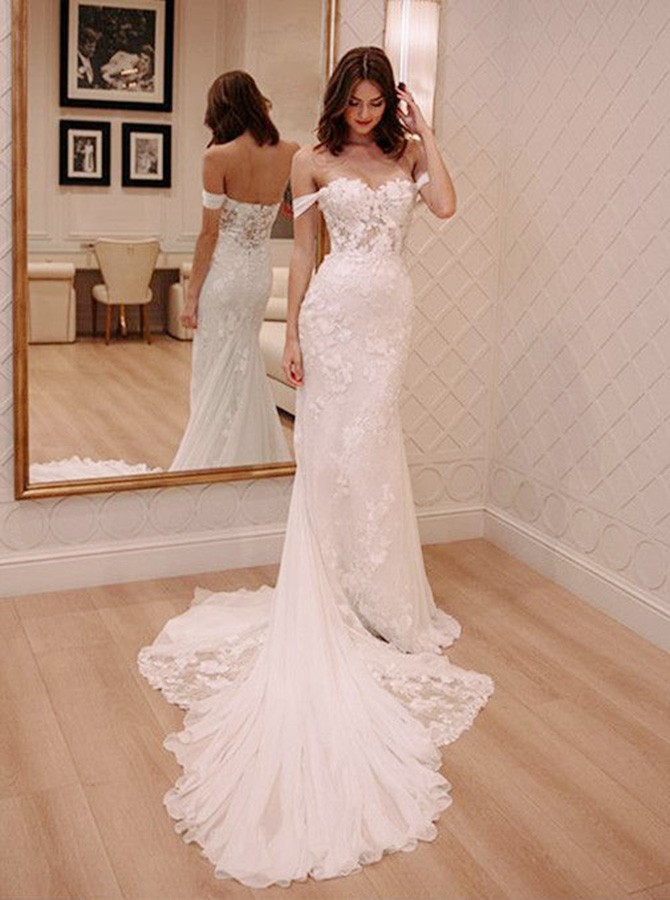 Off the shoulder on sale sheath wedding dress