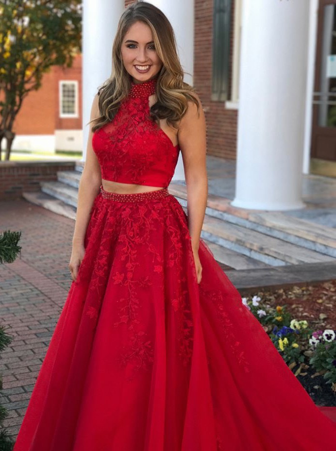 two piece red formal dress