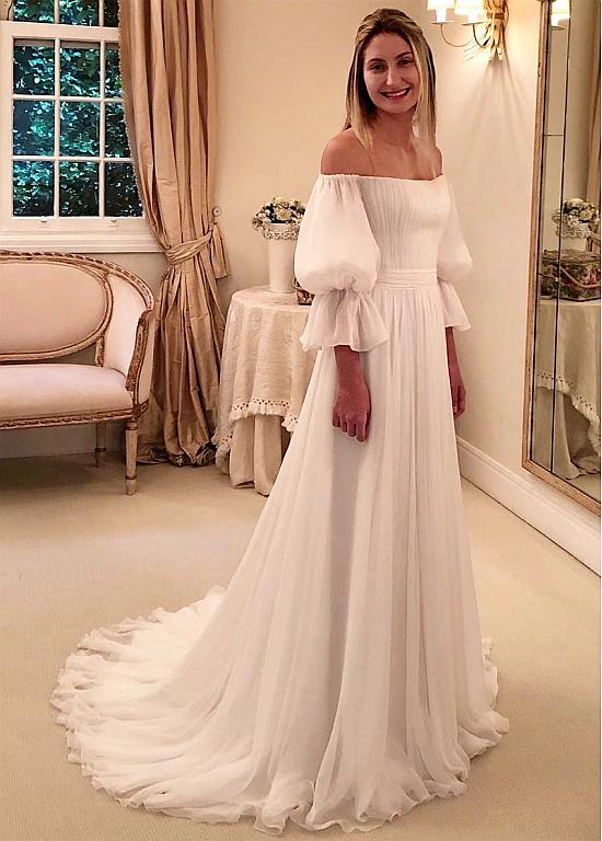 Simple Lovely A line Chiffon Off The Shoulder Wedding Dresses With