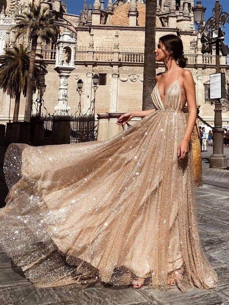 Shop 2019 Gold A Line Spaghetti Straps V Neck Backless Sequin Prom Dress