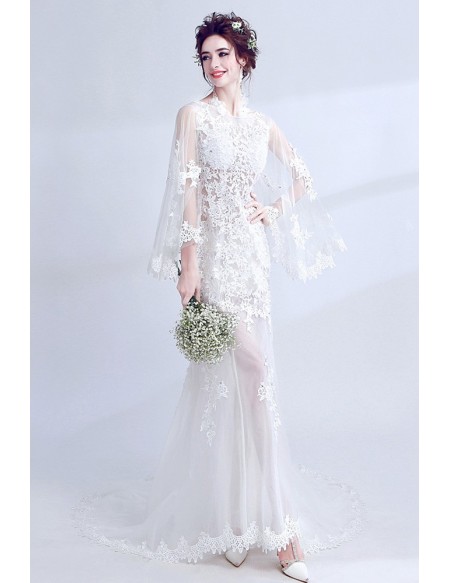 Chiffon sheath wedding dress with cape sleeves