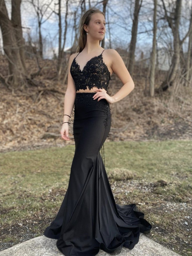 Buy Unique Spaghetti Straps Black Two Piece Mermaid Crop Top Prom Dress Under 139