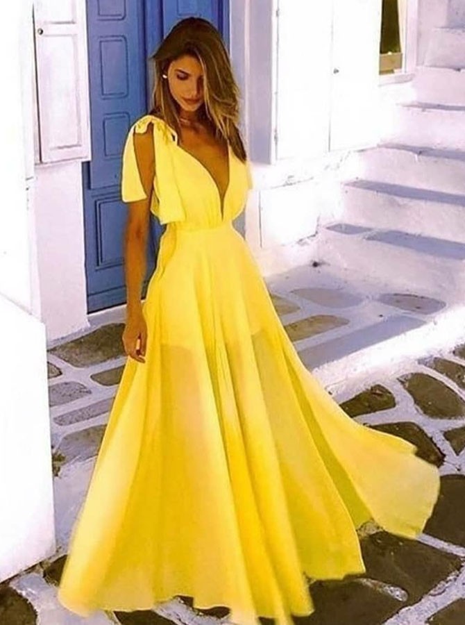 yellow low cut dress