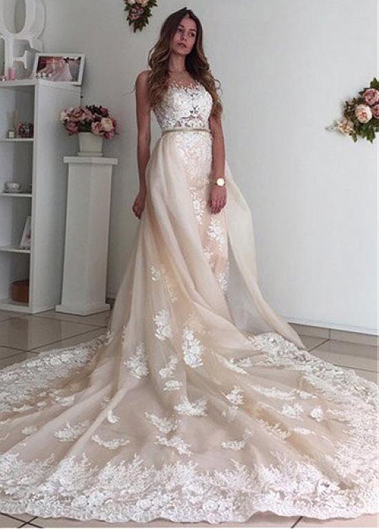 Jewel Neckline 2 In 1 Wedding Dress With Detachable Skirt