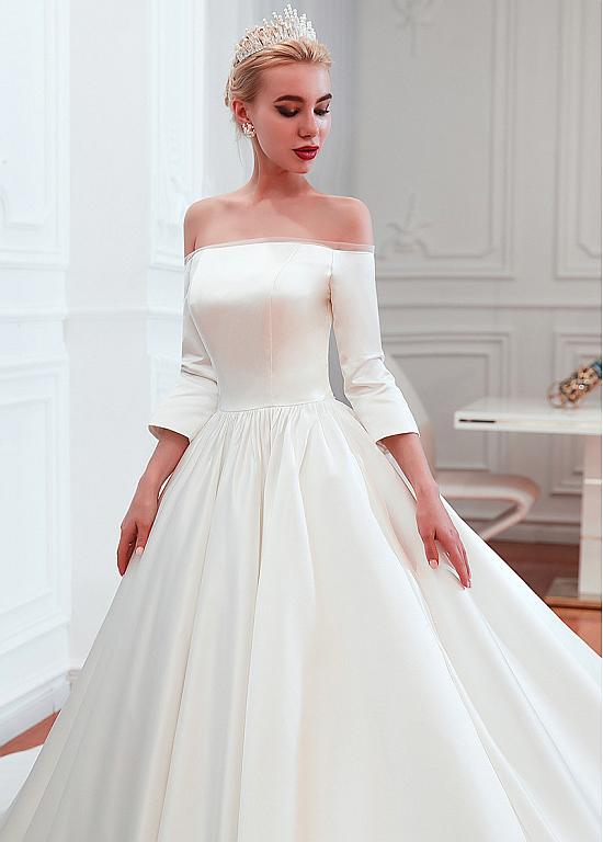 Shop Cheap 3 4 Sleeves Off The Shoulder Ball Gown Satin Wedding Dress