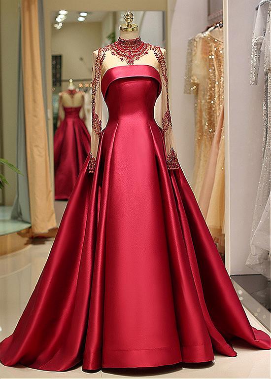 long sleeve floor length red dress