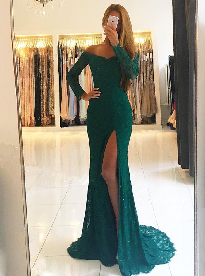green long sleeve formal dress