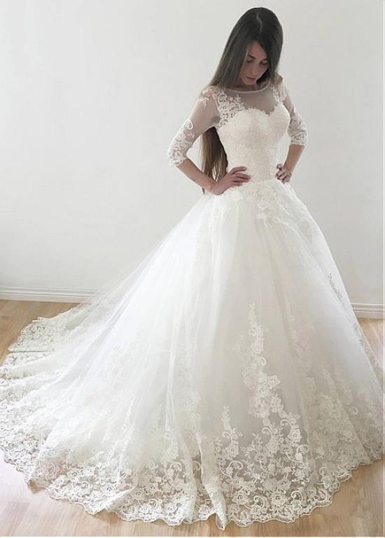 Lace Appliques Bateau Half Sleeves Ball Gown Wedding Dress