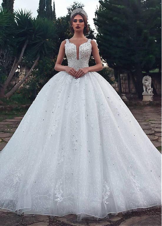 BMbridal Sparkly Sequins White Tulle Ball Gown Wedding Dress Cold-Shoulder  V-Neck Bridal Gowns with Tassels On Sale