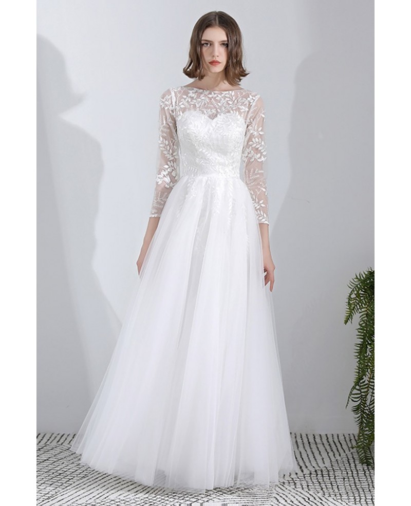 Shop Beach A Line Leaf Lace Long 3/4 Sleeves Tulle Wedding Dress