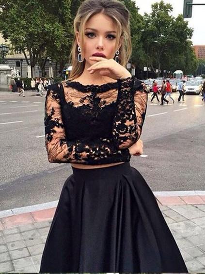black long sleeve two piece prom dress