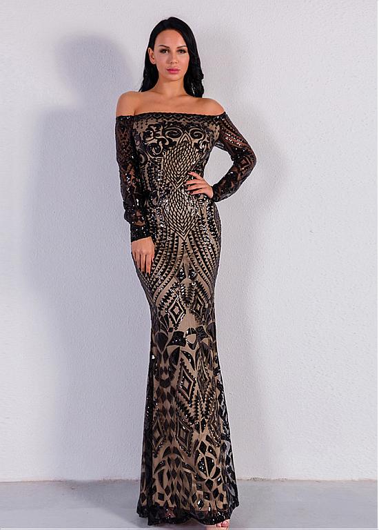 Sequin Lace Off the shoulder Black Long Sleeves Sheath Column